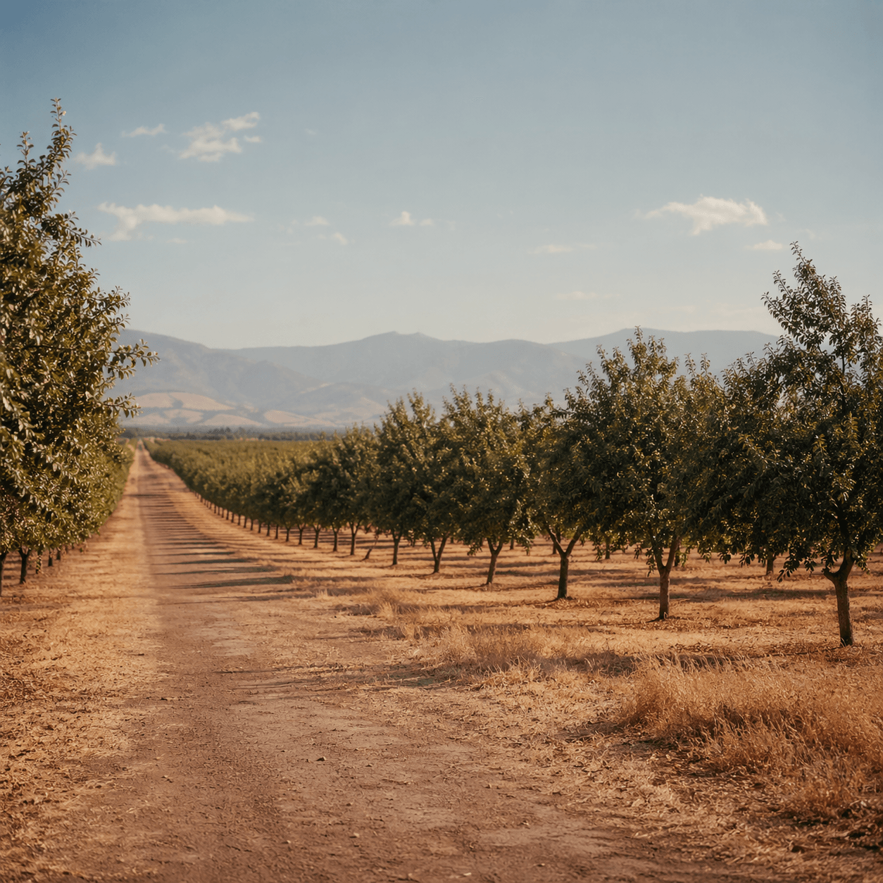 Central Valley orchard row in warm dust light with distant mountains