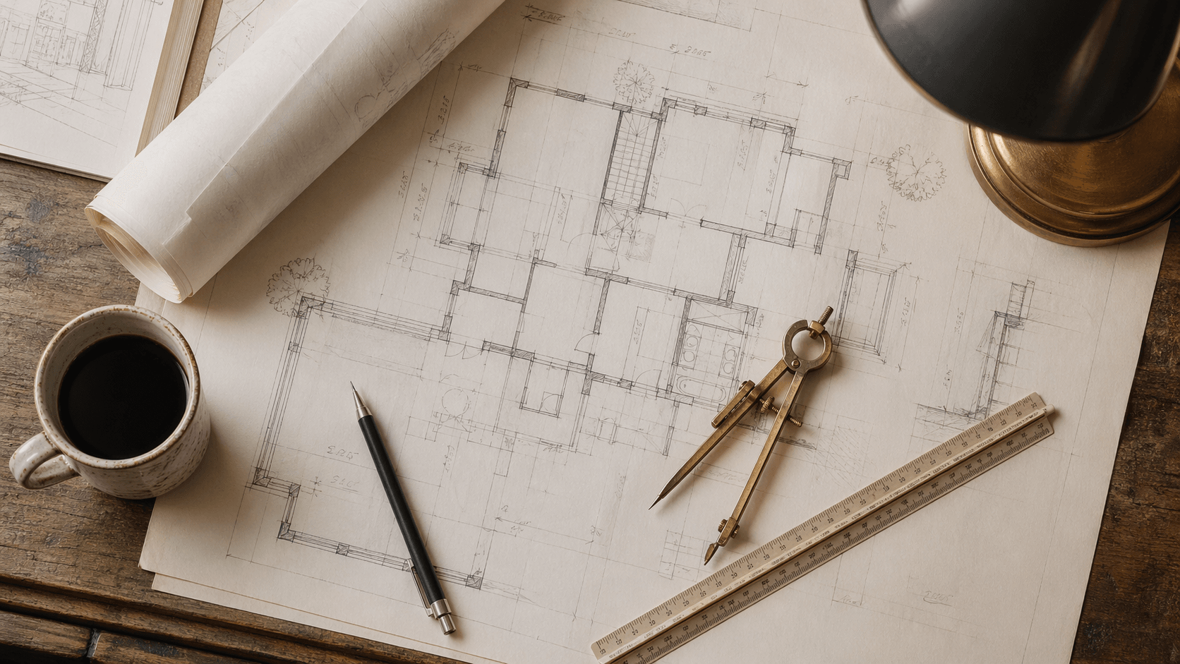 Architectural floor plan with brass compass, mechanical pencil, scale ruler, and coffee mug on a warm oak drafting desk