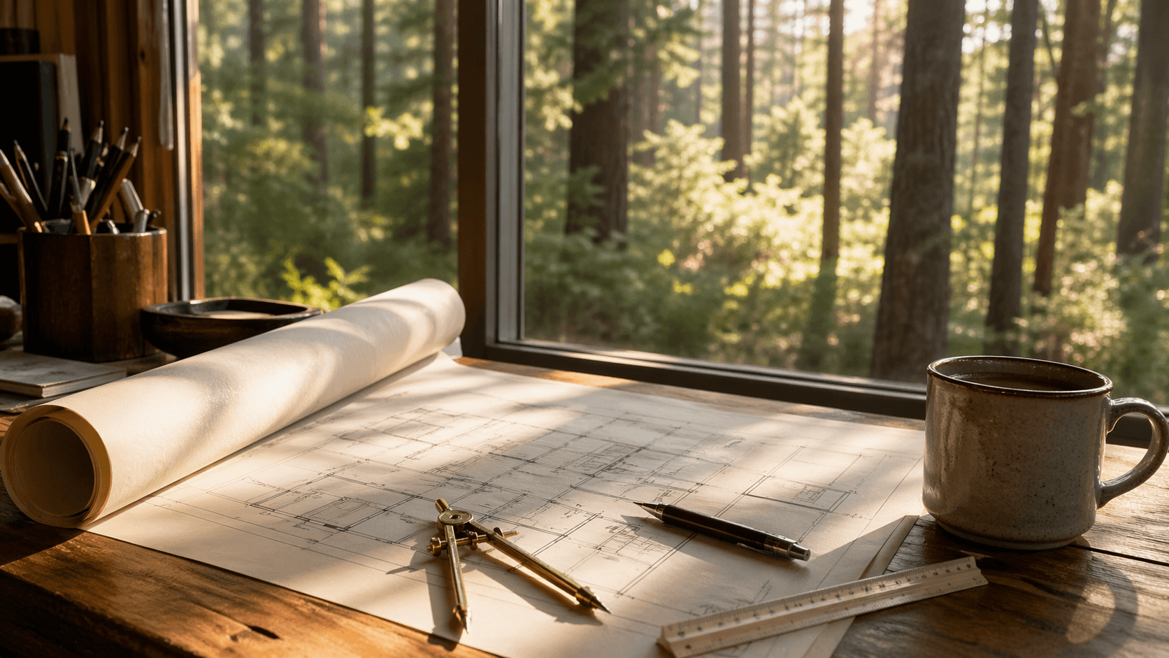 Drafting desk with a half-unrolled blueprint, brass compass, and ceramic mug beside a window looking out onto Northern California pines